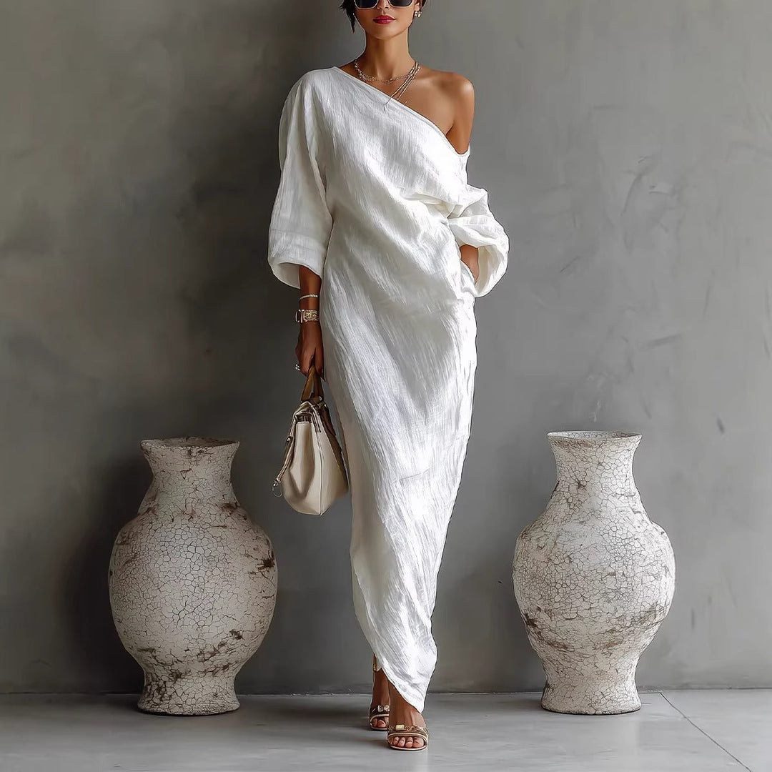 Women's Off-Shoulder Maxi Dress | Lantern Sleeves Relaxed Fit Front