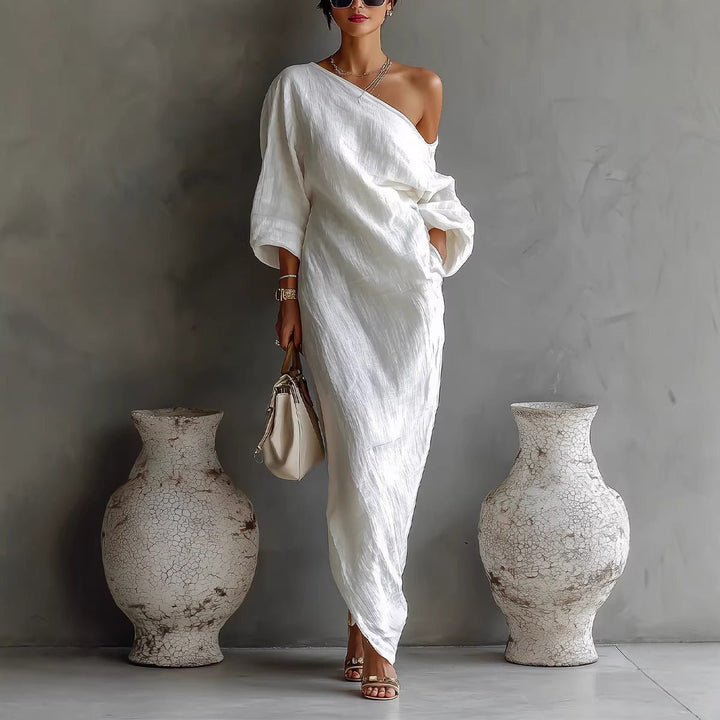 Women's Off-Shoulder Maxi Dress | Lantern Sleeves Relaxed Fit Front