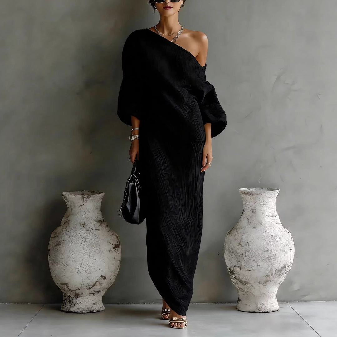 Women's Off-Shoulder Maxi Dress | Lantern Sleeves Relaxed Fit Side