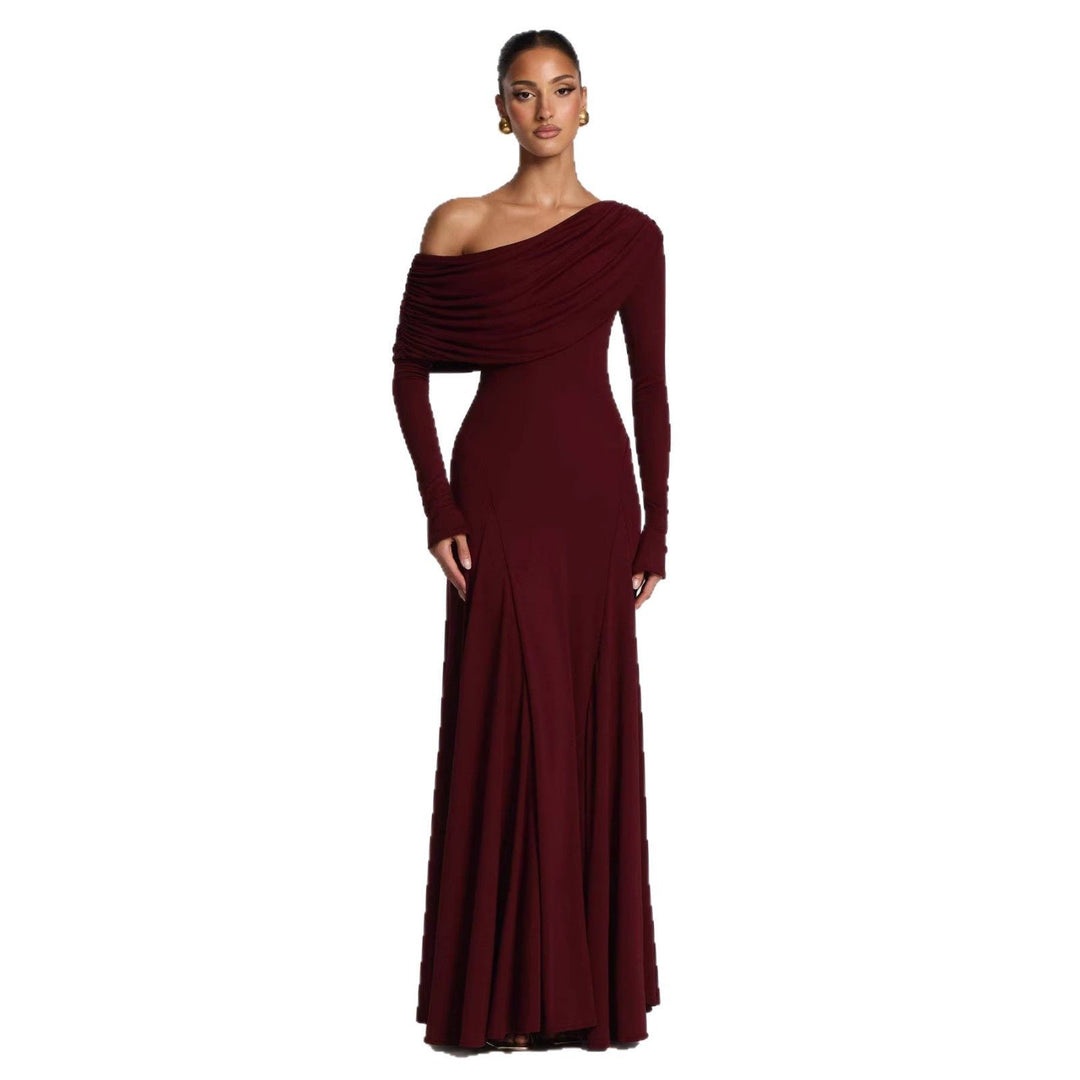 Women's Off-Shoulder Wedding Guest Maxi Dress | Draped Cowl Long Sleeve Back