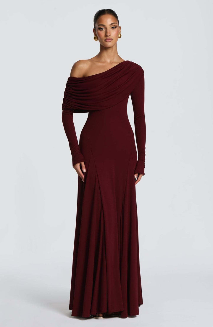 Women's Off-Shoulder Wedding Guest Maxi Dress | Draped Cowl Long Sleeve Close Up