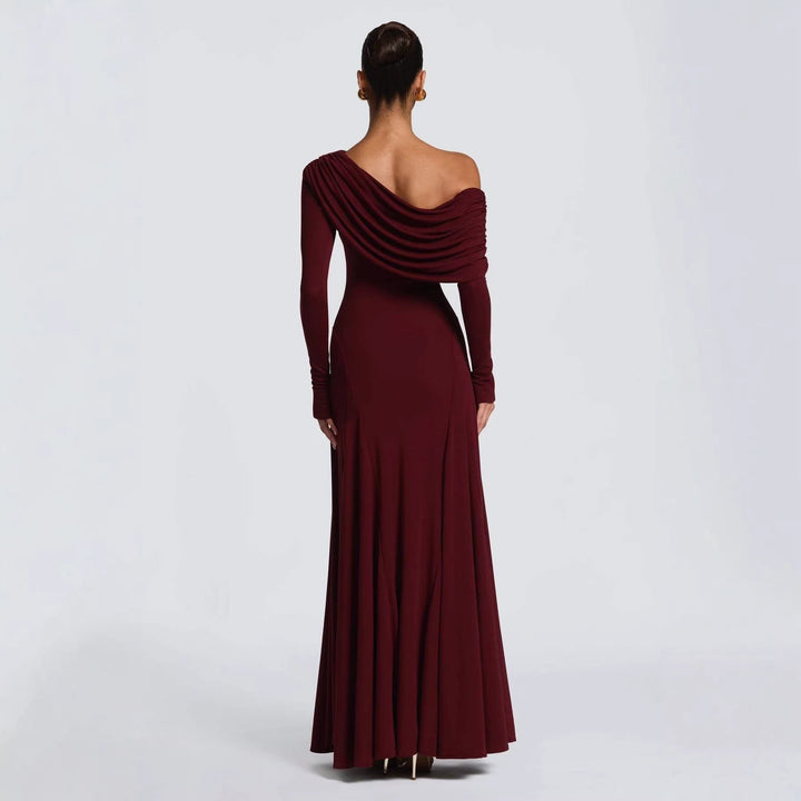 Women's Off-Shoulder Wedding Guest Maxi Dress | Draped Cowl Long Sleeve Detail