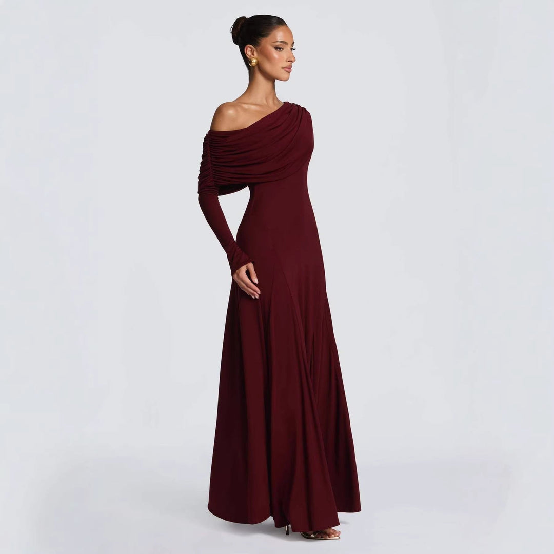 Women's Off-Shoulder Wedding Guest Maxi Dress | Draped Cowl Long Sleeve Front