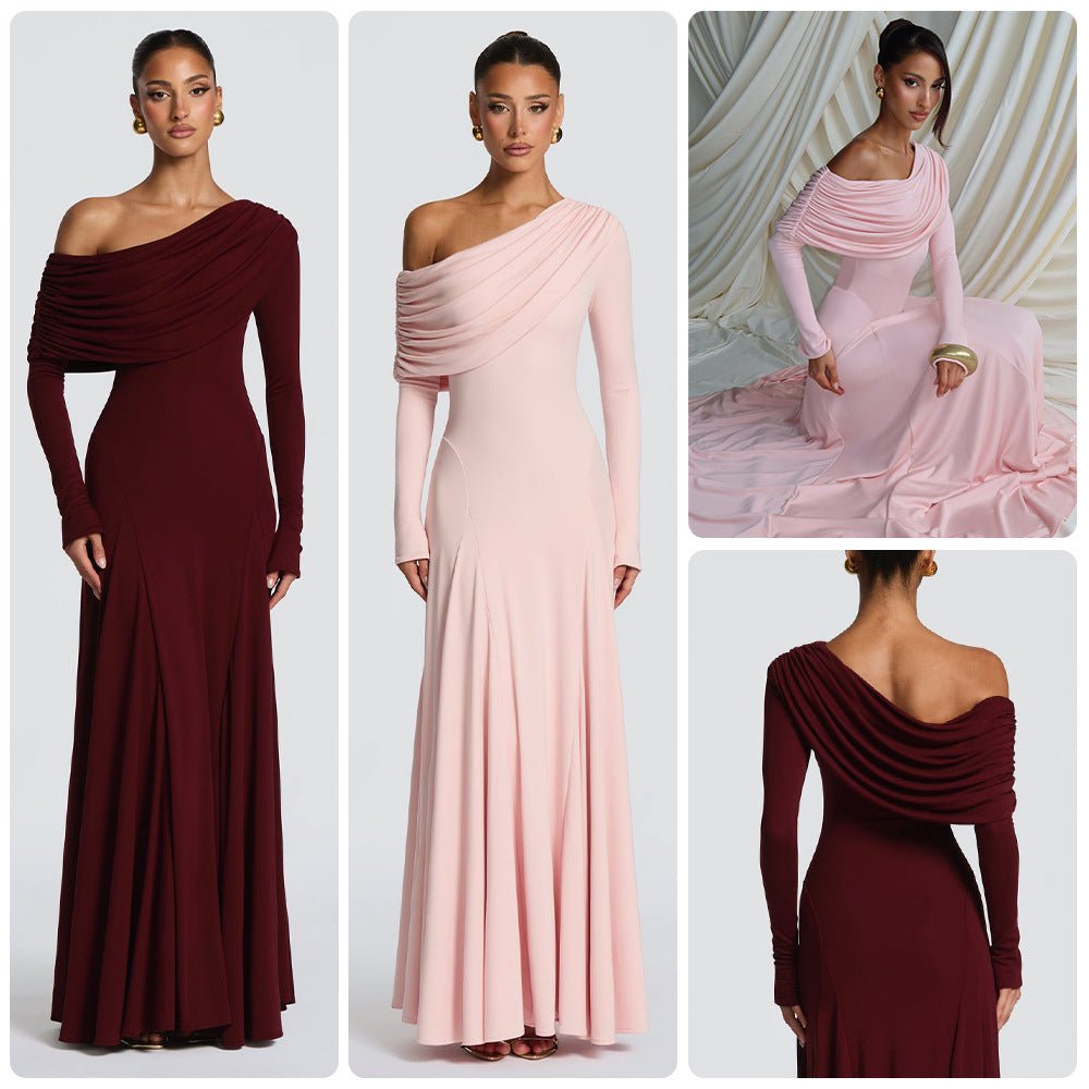 Women's Off-Shoulder Wedding Guest Maxi Dress | Draped Cowl Long Sleeve Hero