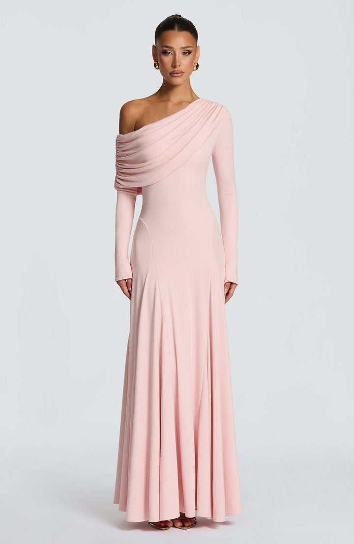 Women's Off-Shoulder Wedding Guest Maxi Dress | Draped Cowl Long Sleeve Lifestyle