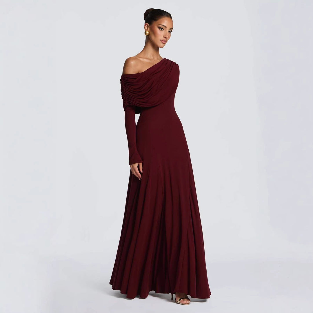 Women's Off-Shoulder Wedding Guest Maxi Dress | Draped Cowl Long Sleeve Side