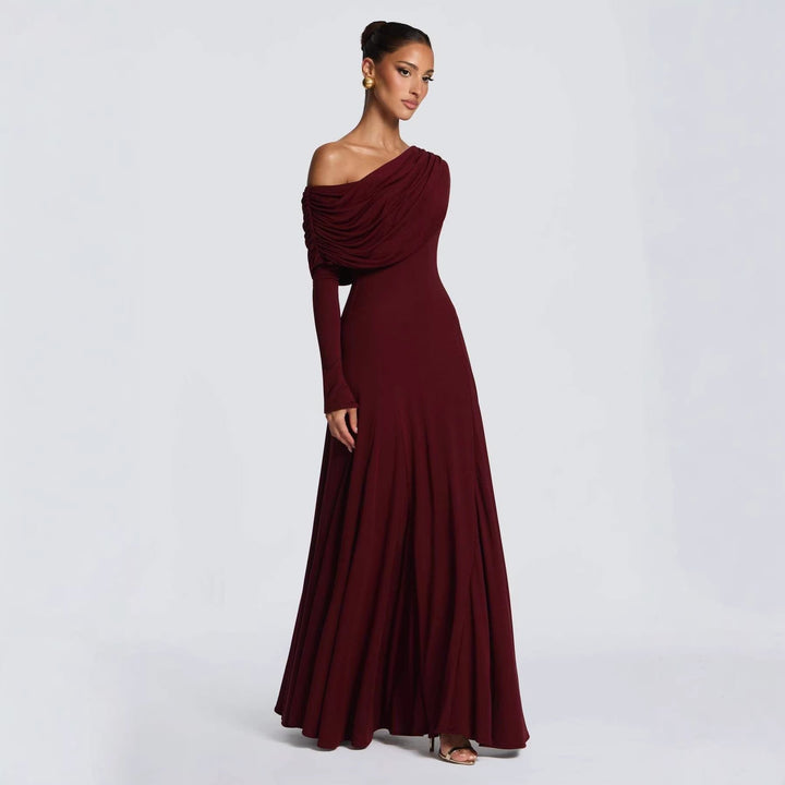 Women's Off-Shoulder Wedding Guest Maxi Dress | Draped Cowl Long Sleeve Side