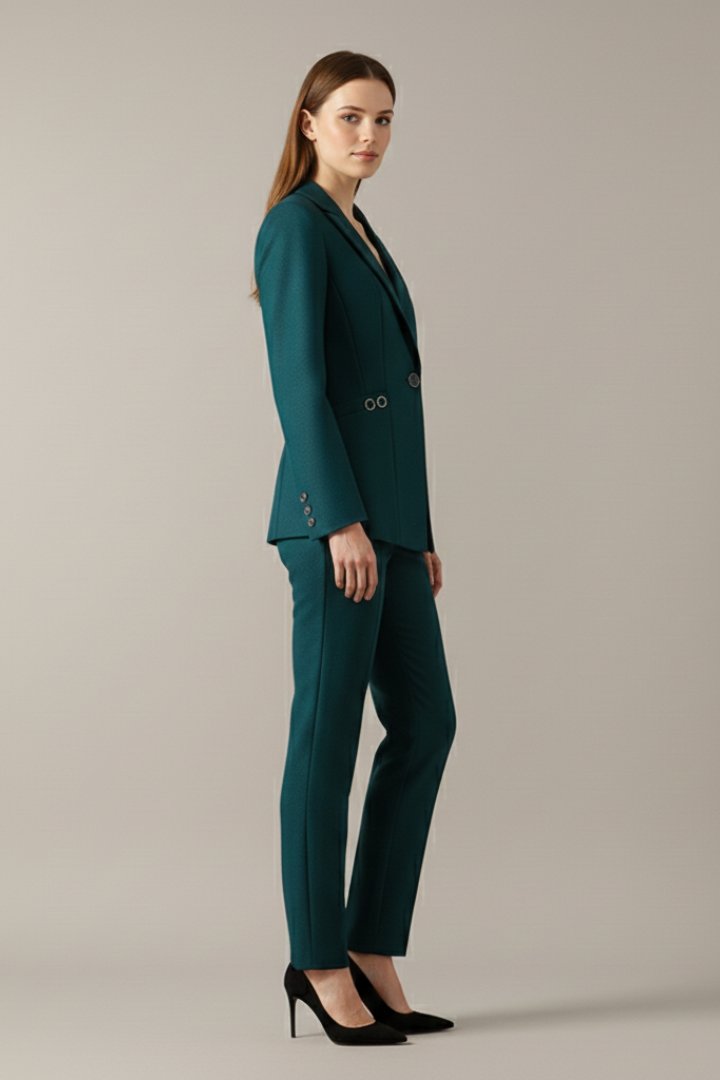 Women's One Button Blazer Set | Straight Trousers with Ring Loop Detail