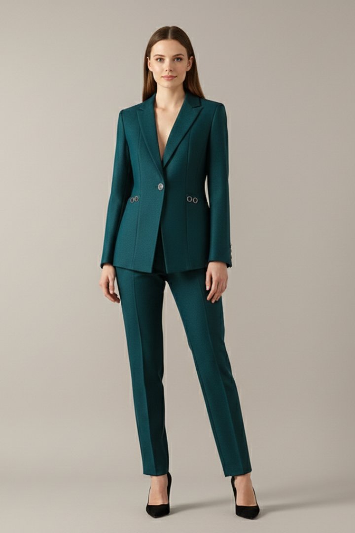 Women's One Button Blazer Set | Straight Trousers with Ring Loop Front