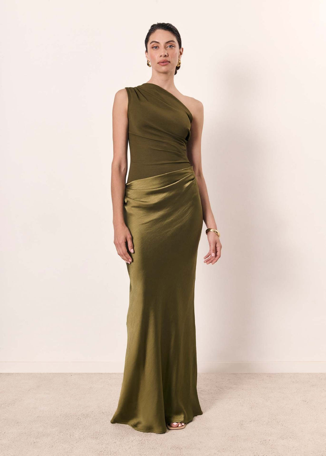 Women's One-Shoulder Maxi Dress | Wedding Guest Pleated Bodice Fit Detail