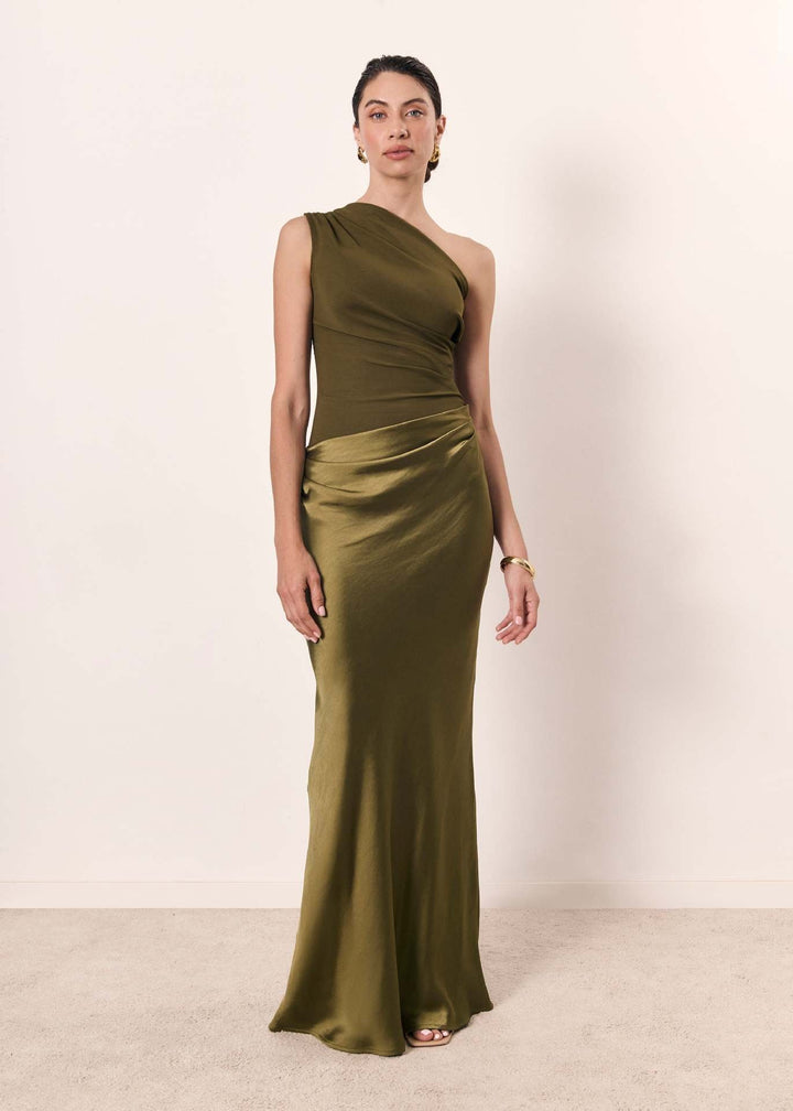Women's One-Shoulder Maxi Dress | Wedding Guest Pleated Bodice Fit Detail