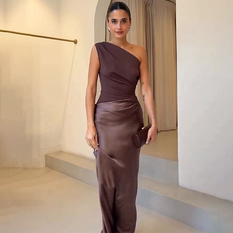 Women's One-Shoulder Maxi Dress | Wedding Guest Pleated Bodice Fit Hero
