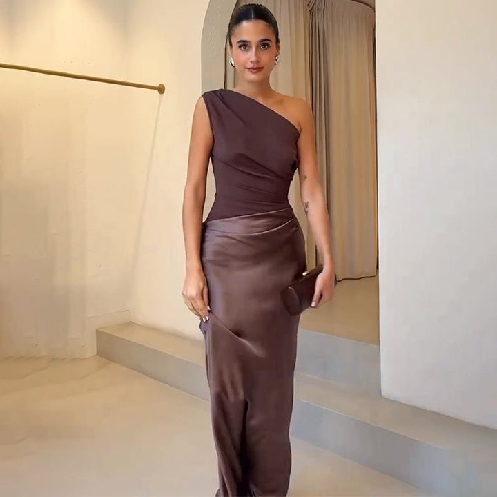 Women's One-Shoulder Maxi Dress | Wedding Guest Pleated Bodice Fit Hero