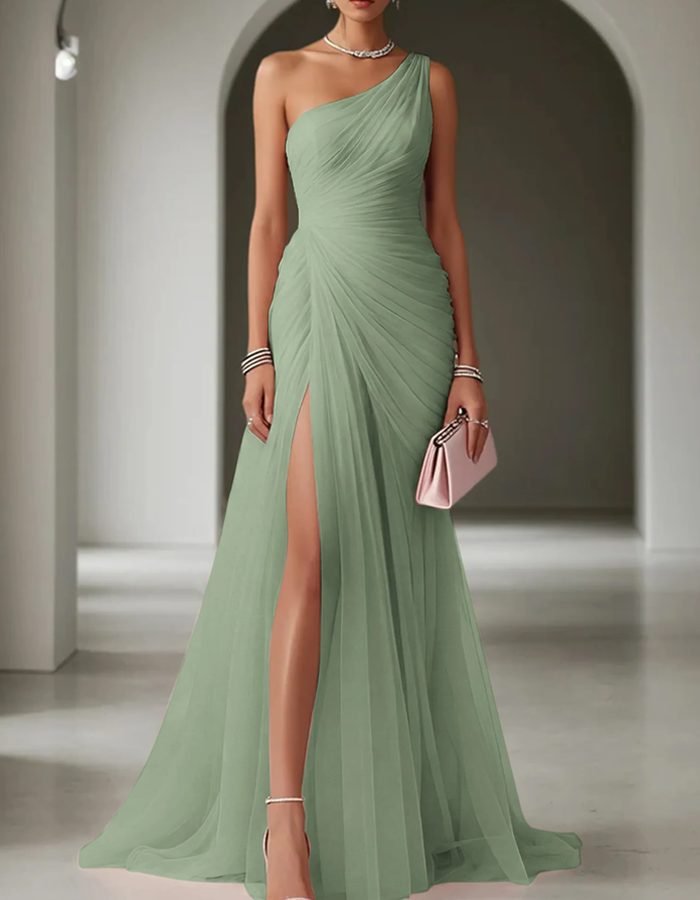 Women's One-Shoulder Pleated Maxi Dress | Wedding Guest Ruched Bodice Back