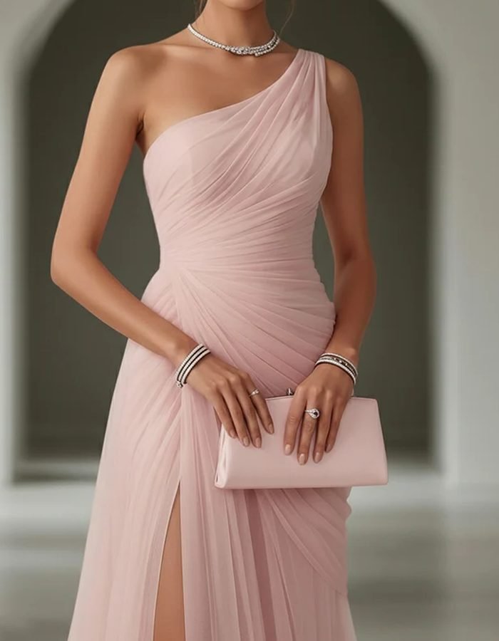 Women's One-Shoulder Pleated Maxi Dress | Wedding Guest Ruched Bodice Front