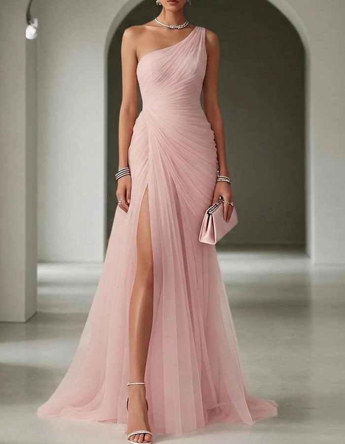 Women's One-Shoulder Pleated Maxi Dress | Wedding Guest Ruched Bodice Hero