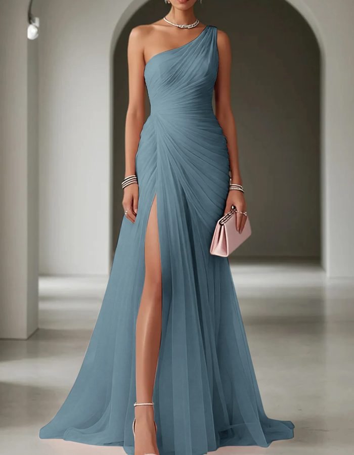 Women's One-Shoulder Pleated Maxi Dress | Wedding Guest Ruched Bodice Side
