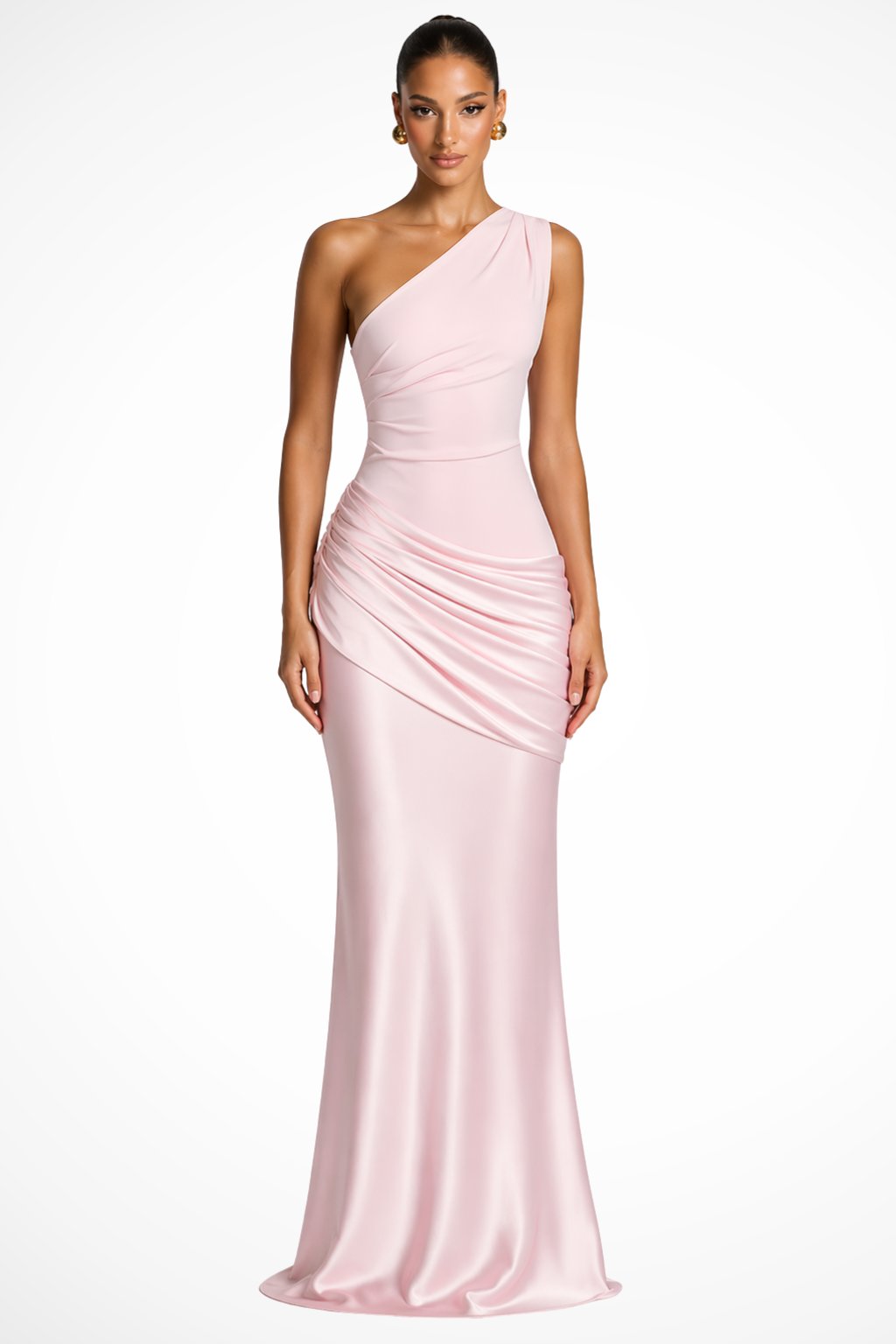 Women's One Shoulder Ruched Satin Wedding Guest Maxi Dress Side