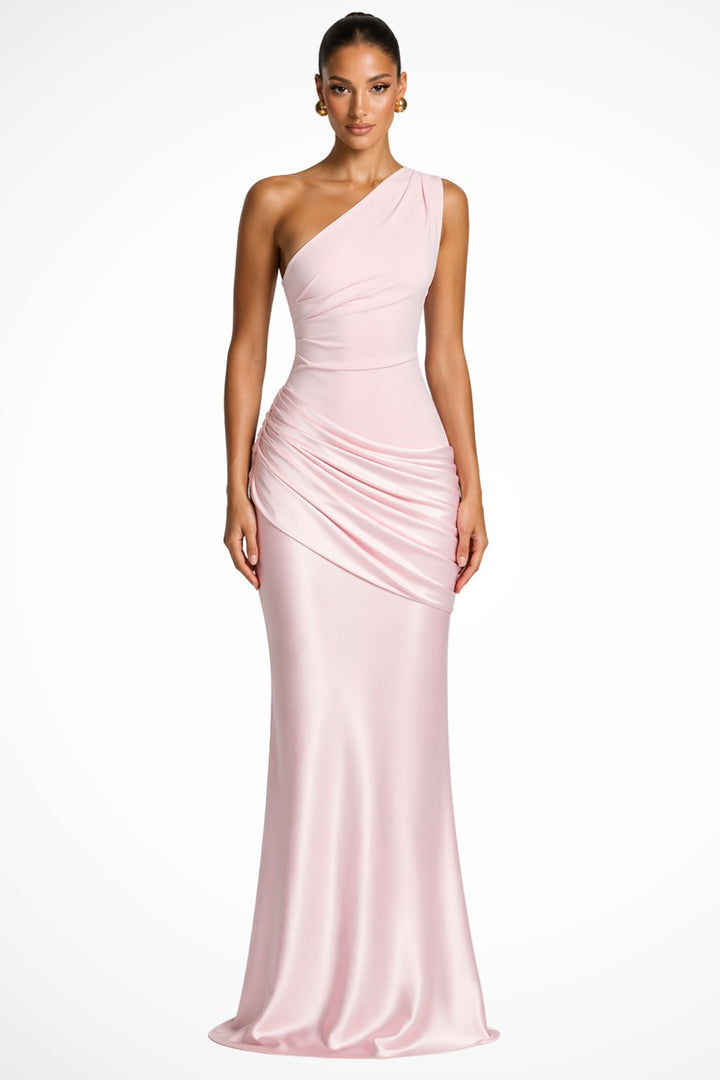 Women's One Shoulder Ruched Satin Wedding Guest Maxi Dress Side