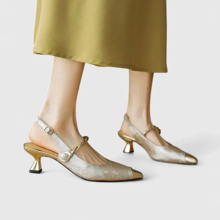 Women's Orthopaedic Textured Heels | Slingback Formal Kitten Heel Close Up