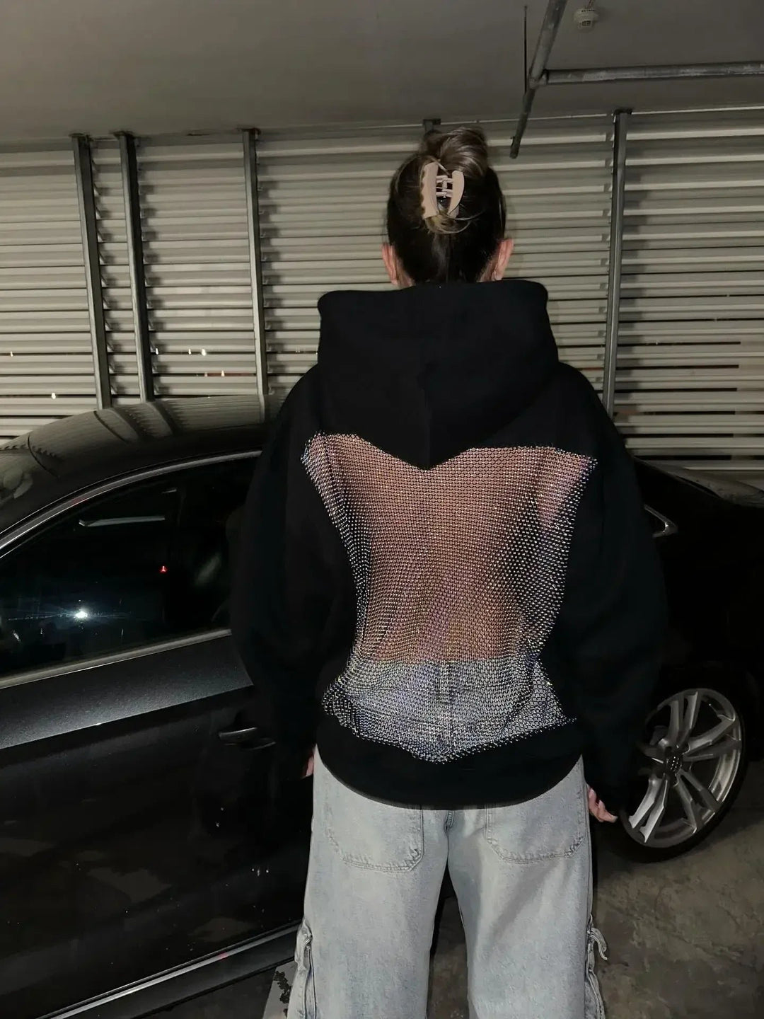 Women's Oversized Hoodie | Mesh Back Panel Sheer Detail Angle