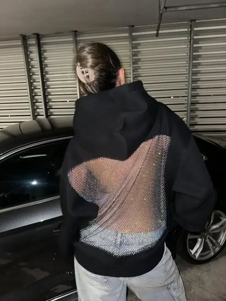 Women's Oversized Hoodie | Mesh Back Panel Sheer Detail Close Up