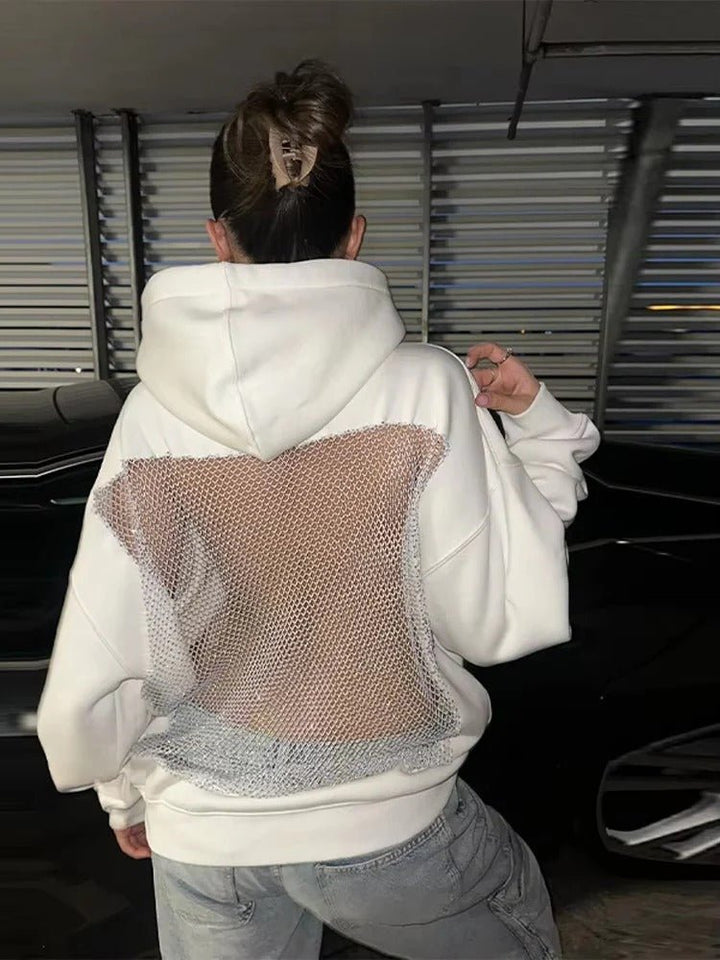 Women's Oversized Hoodie | Mesh Back Panel Sheer Detail Detail