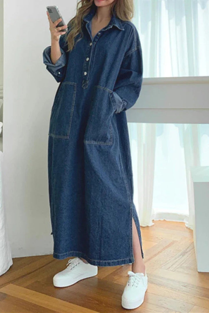 Women's Oversized Long Sleeve Denim Maxi Dress | Collared with Front Pockets Back