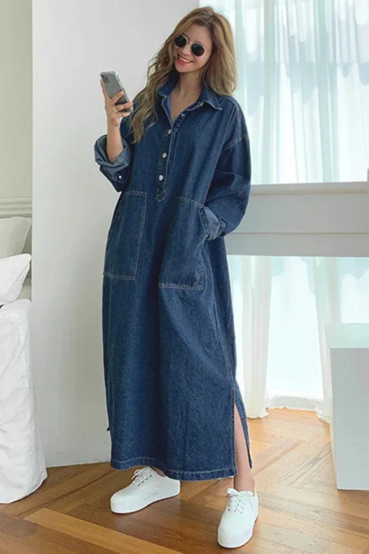 Women's Oversized Long Sleeve Denim Maxi Dress | Collared with Front Pockets Close Up