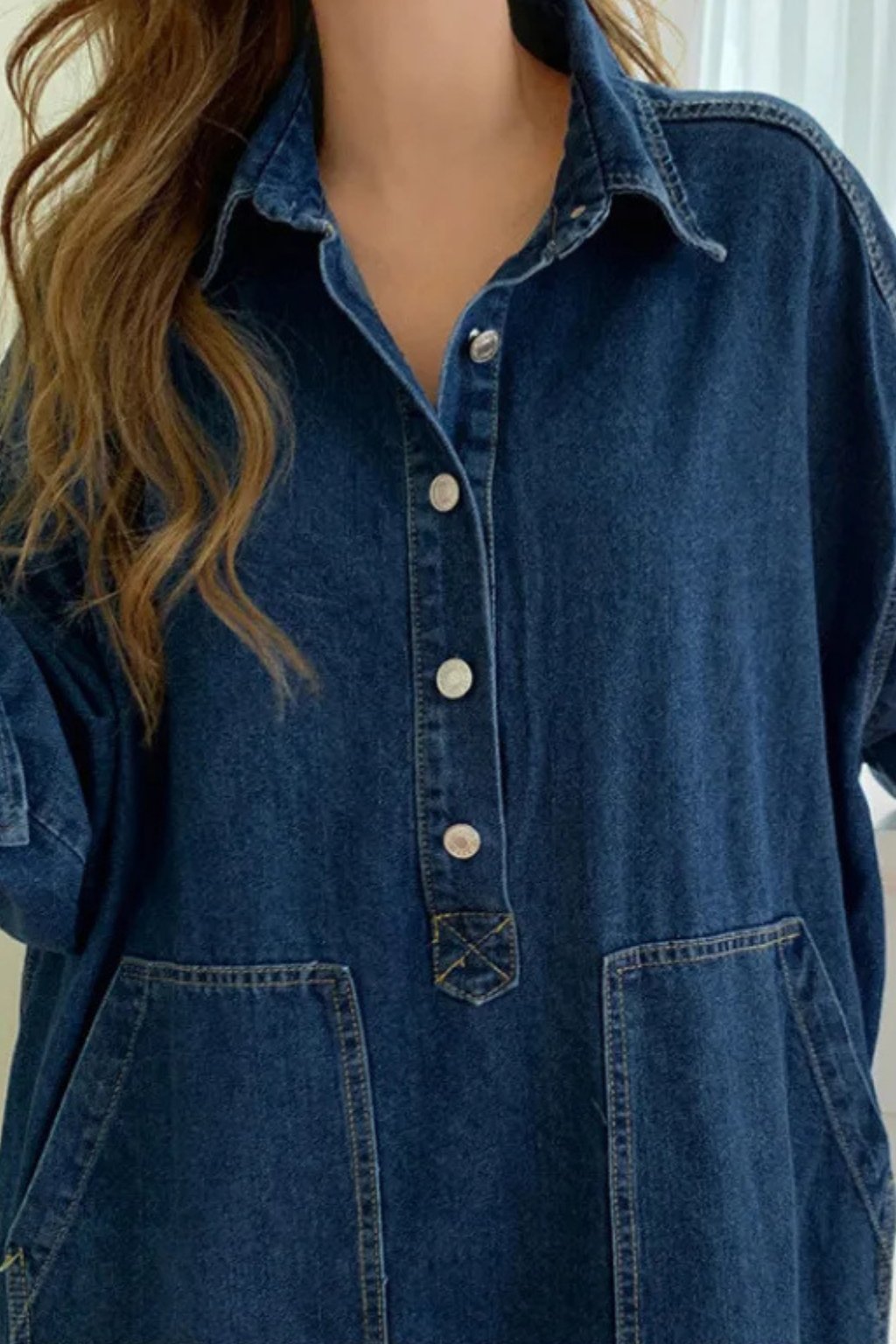 Women's Oversized Long Sleeve Denim Maxi Dress | Collared with Front Pockets Detail
