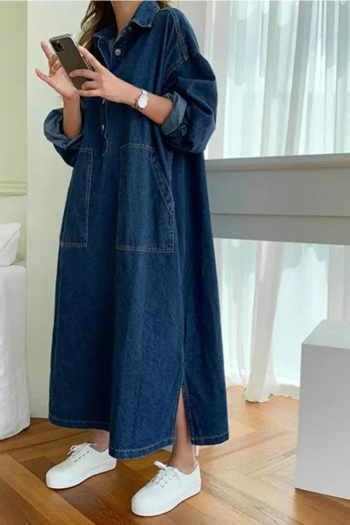 Women's Oversized Long Sleeve Denim Maxi Dress | Collared with Front Pockets Front