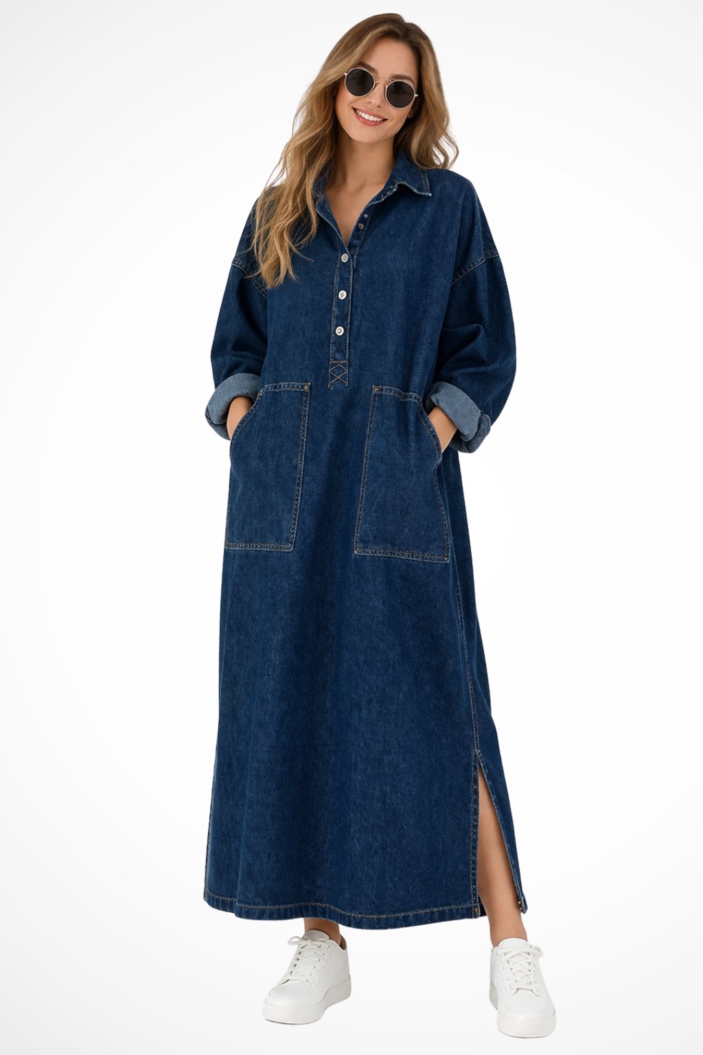 Women's Oversized Long Sleeve Denim Maxi Dress | Collared with Front Pockets Hero