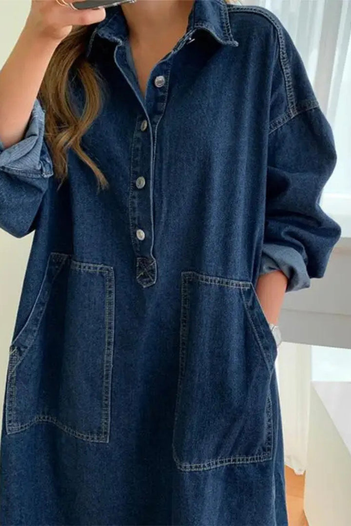 Women's Oversized Long Sleeve Denim Maxi Dress | Collared with Front Pockets Side