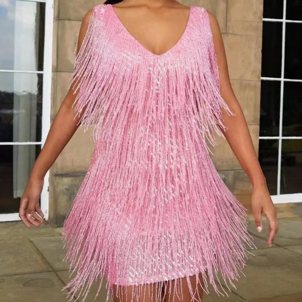 Women's Party Mini Dress | Fringe Detail with V Neck Alternate