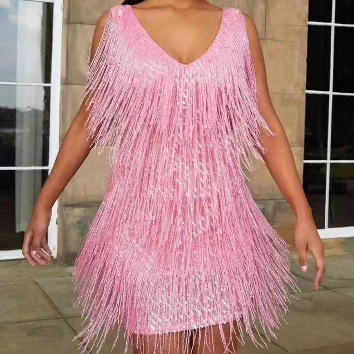 Women's Party Mini Dress | Fringe Detail with V Neck Alternate