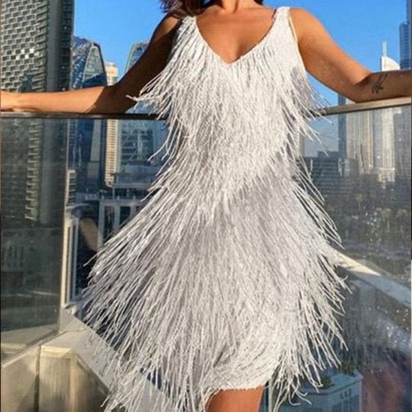 Women's Party Mini Dress | Fringe Detail with V Neck Close Up