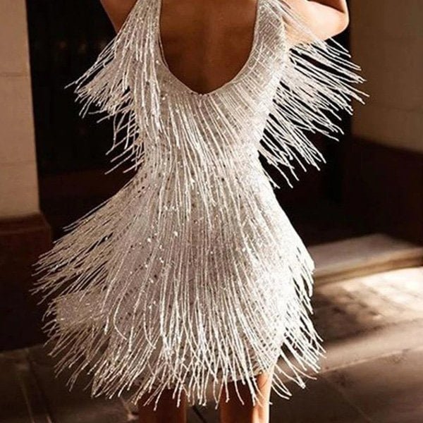 Women's Party Mini Dress | Fringe Detail with V Neck Side