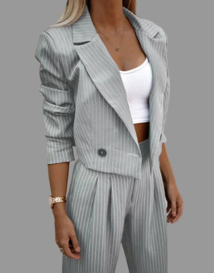 Women's Pinstriped Blazer Suit Set | Cropped Wide Leg Tailored Fit Front