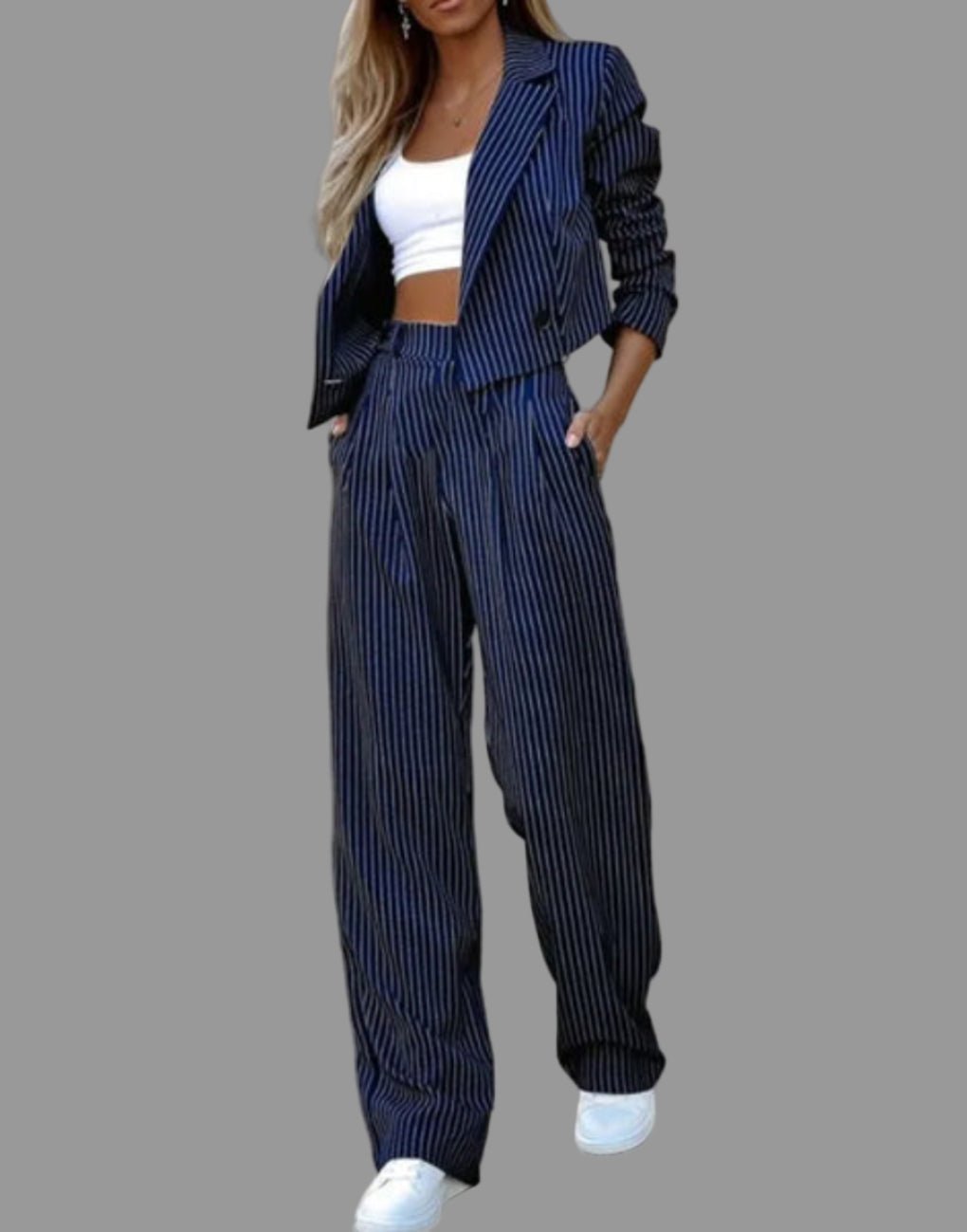 Women's Pinstriped Blazer Suit Set | Cropped Wide Leg Tailored Fit Hero