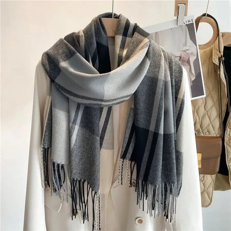 Women's Plaid Check Scarf | Fringe Edge Warm Wrap Side