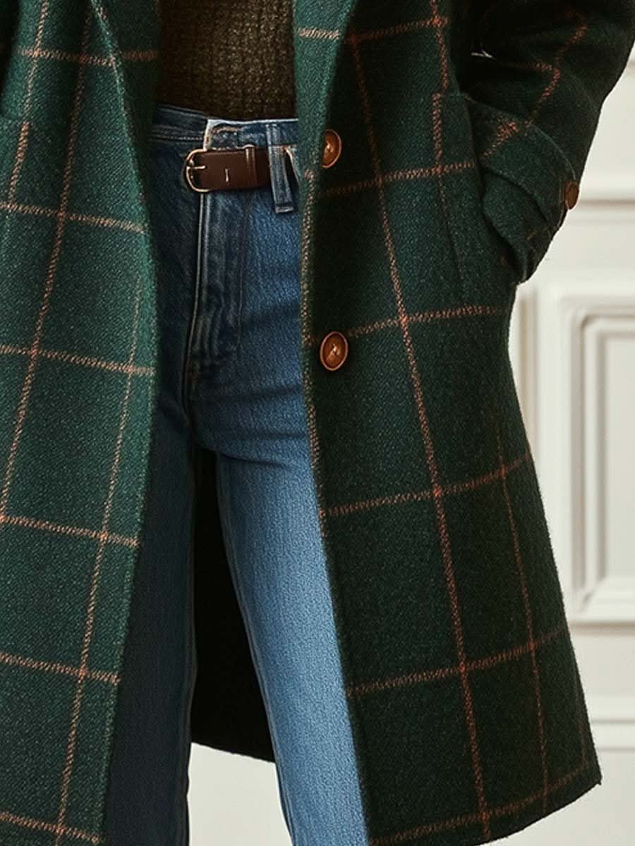 Women's Plaid Checkered Coat | Oversized with Windowpane Pattern Detail