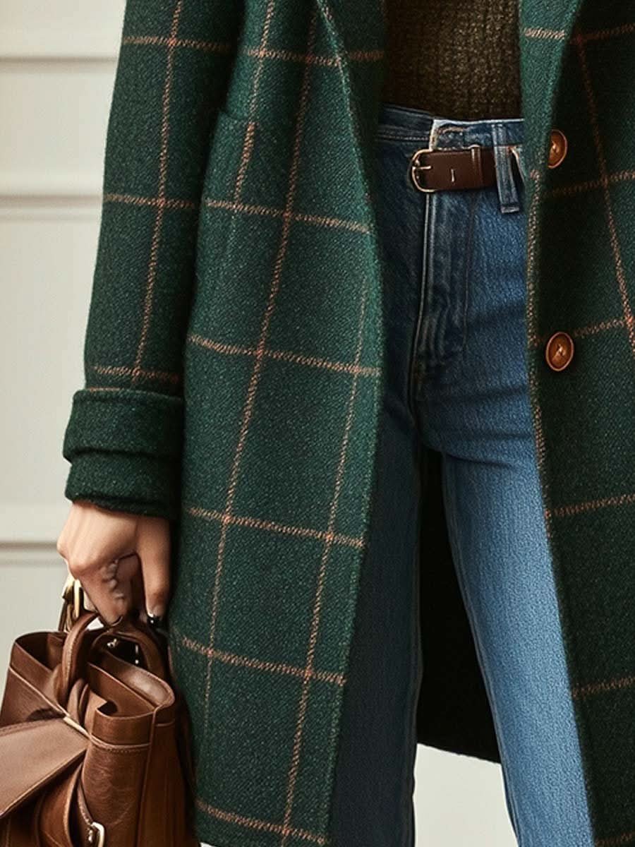 Women's Plaid Checkered Coat | Oversized with Windowpane Pattern Side