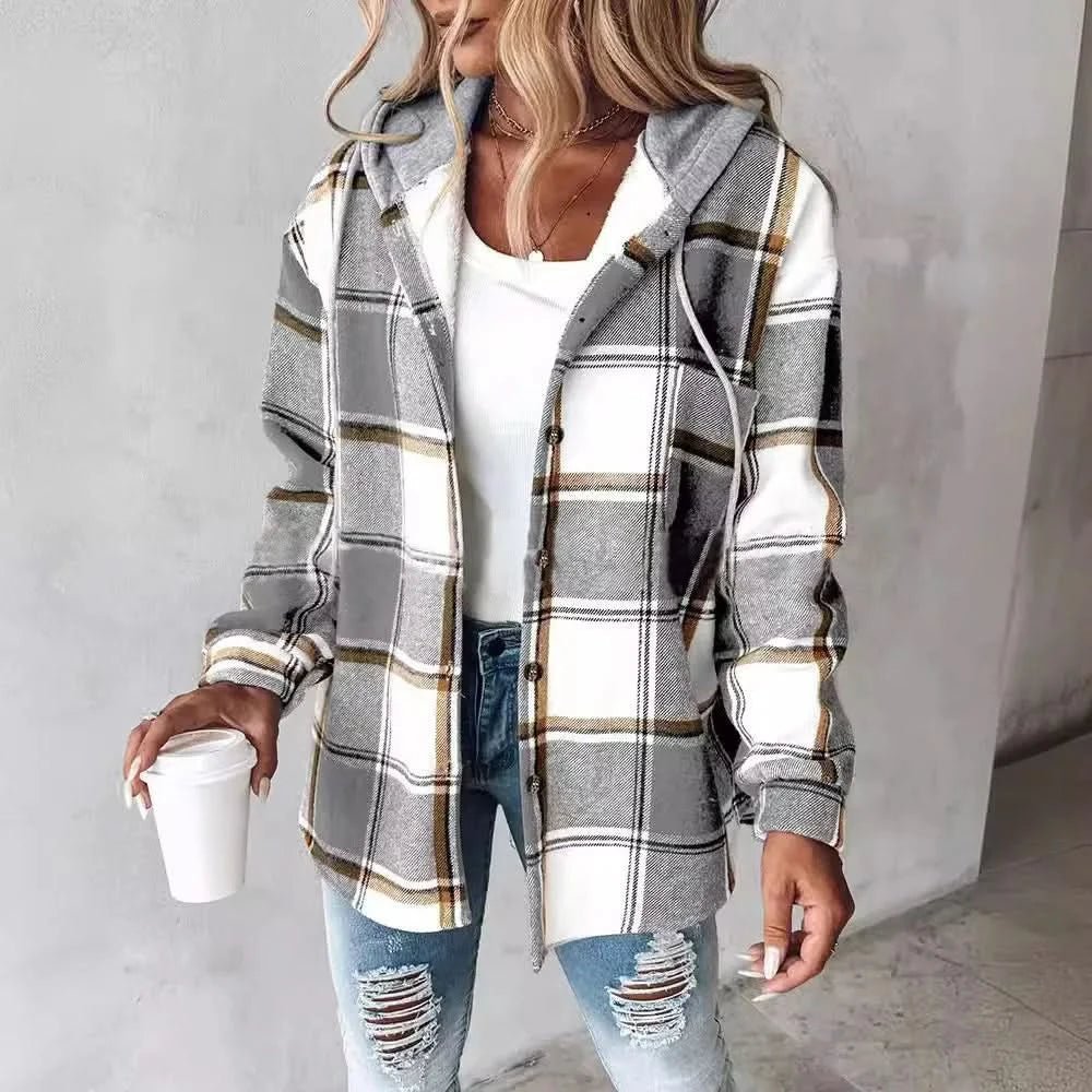 Women's Plaid Hooded Coat | Shacket Style Relaxed Fit Close Up