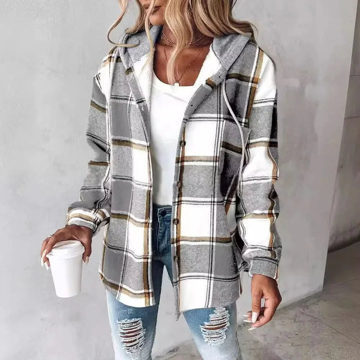 Women's Plaid Hooded Coat | Shacket Style Relaxed Fit Close Up