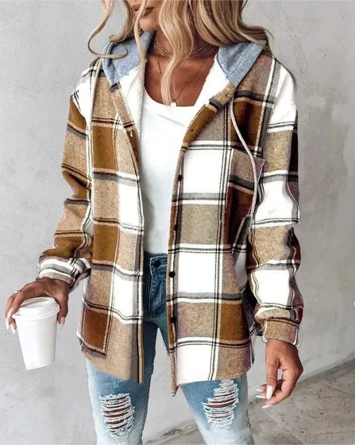 Women's Plaid Hooded Coat | Shacket Style Relaxed Fit Full