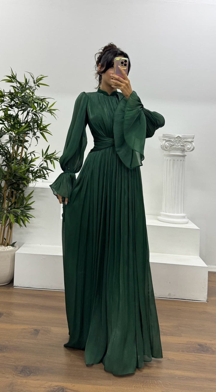 Women's Pleated Long Sleeve Maxi Dress | Wedding Guest Blouson Cuff Alternate