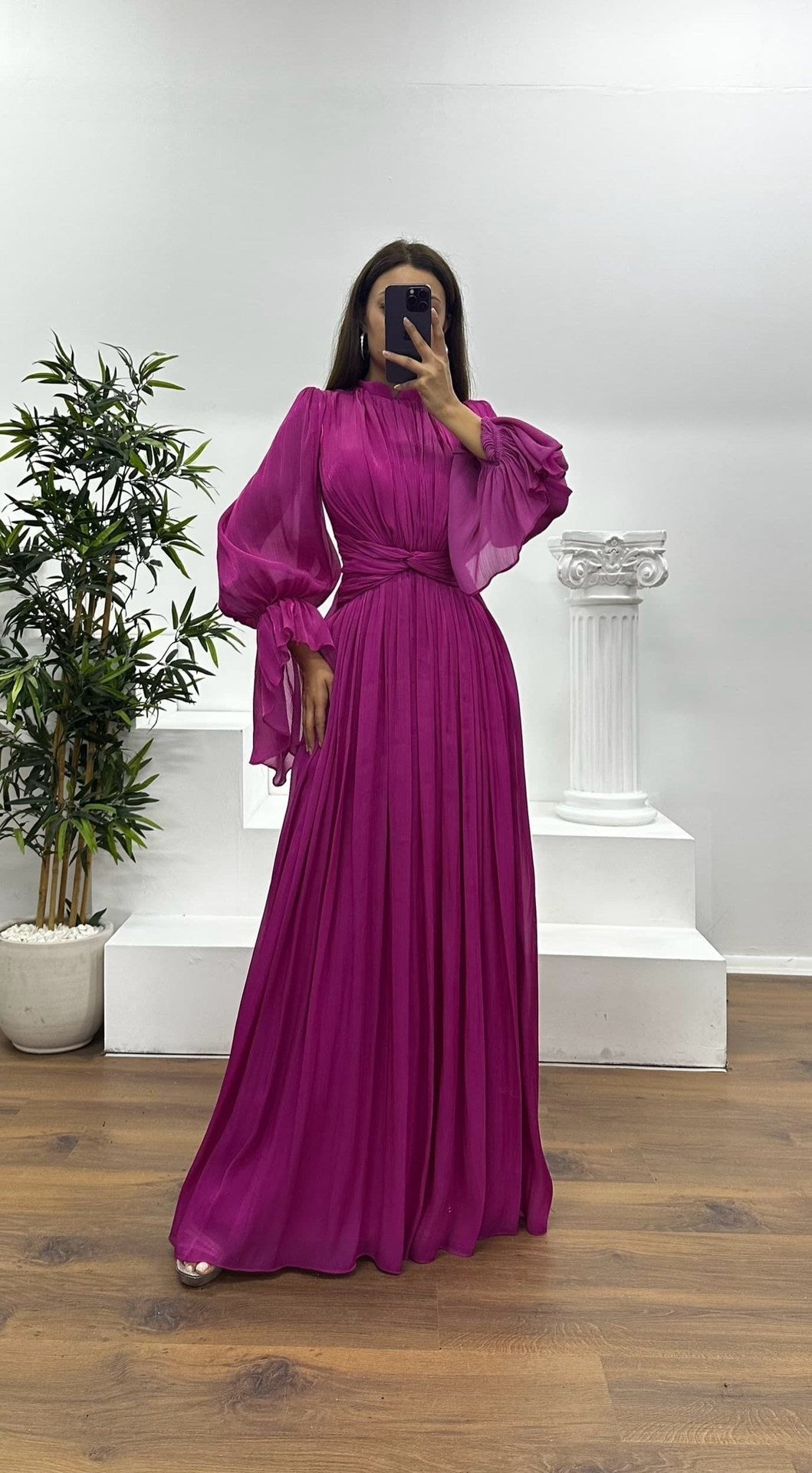 Women's Pleated Long Sleeve Maxi Dress | Wedding Guest Blouson Cuff Angle