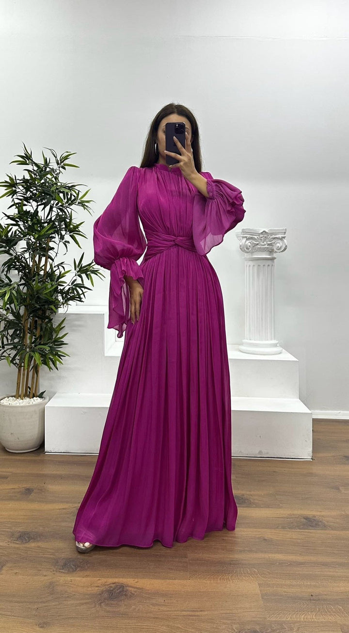 Women's Pleated Long Sleeve Maxi Dress | Wedding Guest Blouson Cuff Angle