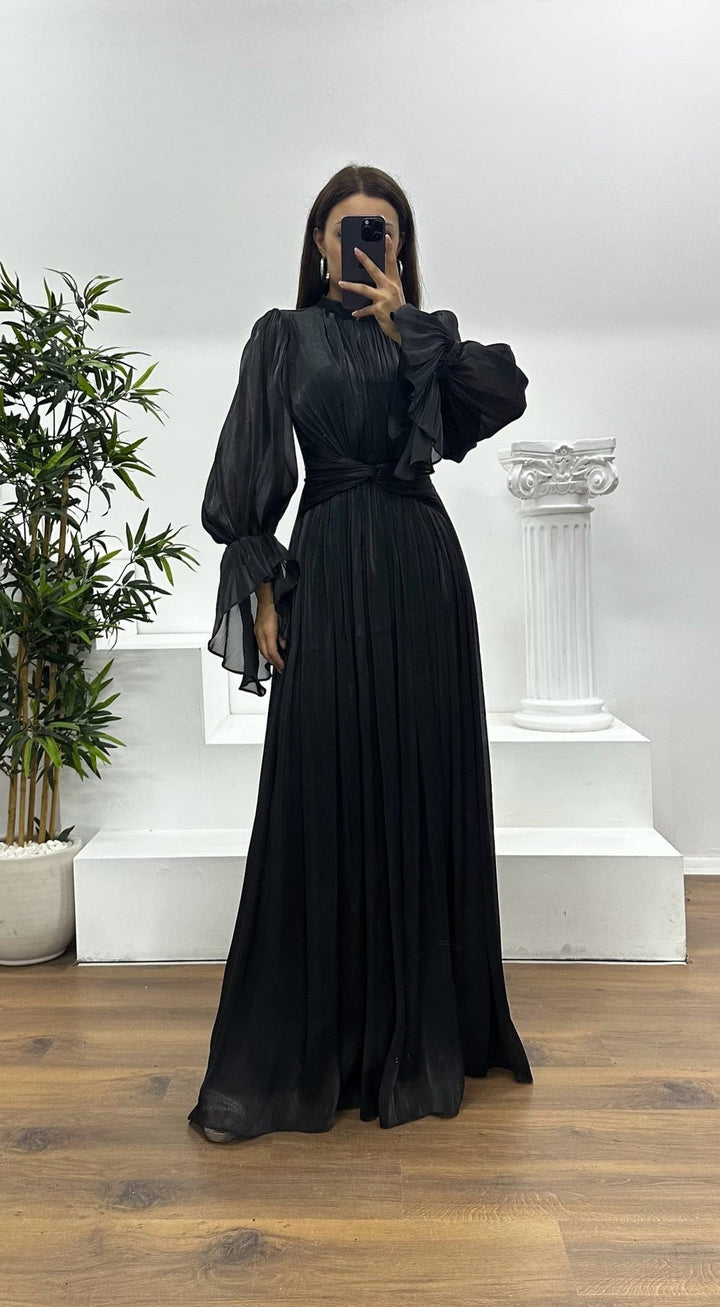 Women's Pleated Long Sleeve Maxi Dress | Wedding Guest Blouson Cuff Back