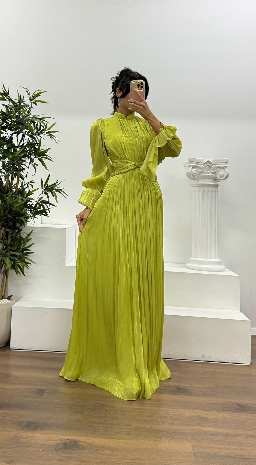 Women's Pleated Long Sleeve Maxi Dress | Wedding Guest Blouson Cuff Close Up